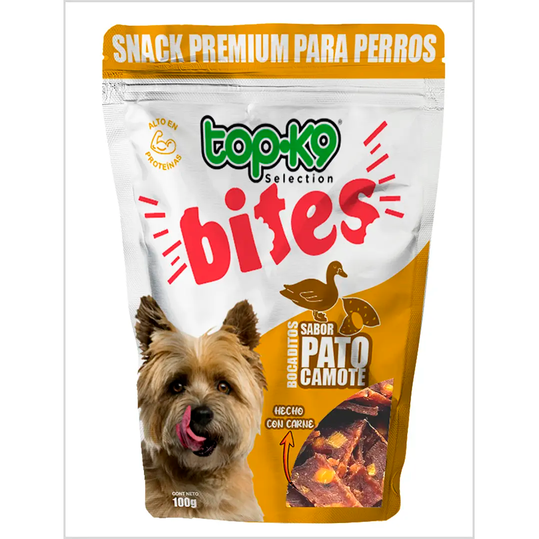 Bocaditos para perros Bites Top K9 de Mundotito sabor pato y camote, empaquetado de 100 gramos, visible en la imagen