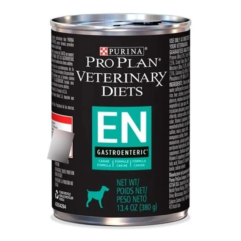 Lata de comida veterinaria Pro Plan Veterinary EN Gastrointestinal para perros de 380 g, con etiqueta y contenido visible.