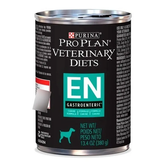 Lata de comida veterinaria Pro Plan Veterinary EN Gastrointestinal para perros de 380 g, con etiqueta y contenido visible.