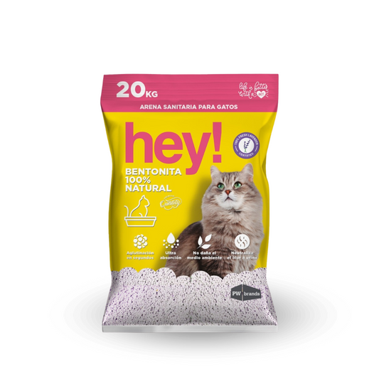 Arena para gatos Mundotito Hey de 20 kg, muestra la caja con la etiqueta y el logo de la marca en un fondo neutro