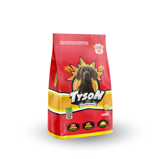 Alimento para animales Tyson de 25 kg de la marca Mundotito, imagen que muestra la bolsa de producto de diferentes tipos.
