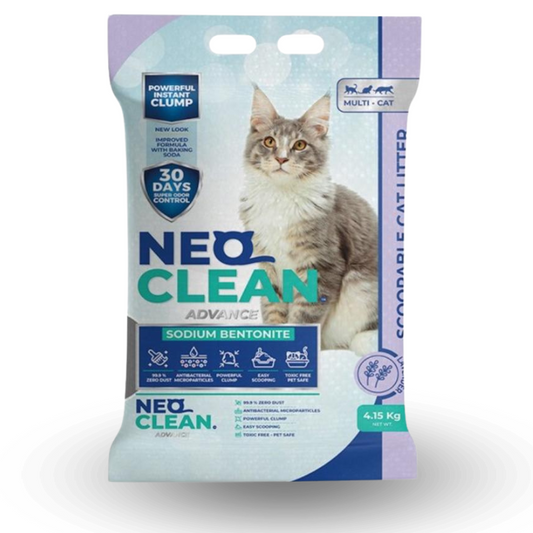 Arena para gatos Neo Clean de Mundotito, bolsa de 20 kg, con textura aglomerante, visible en la imagen.