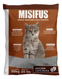 Arena para gatos Mundotito Misifus Manga de 20 kg con aroma a café moka, muestra la arena en un recipiente con textura fina.