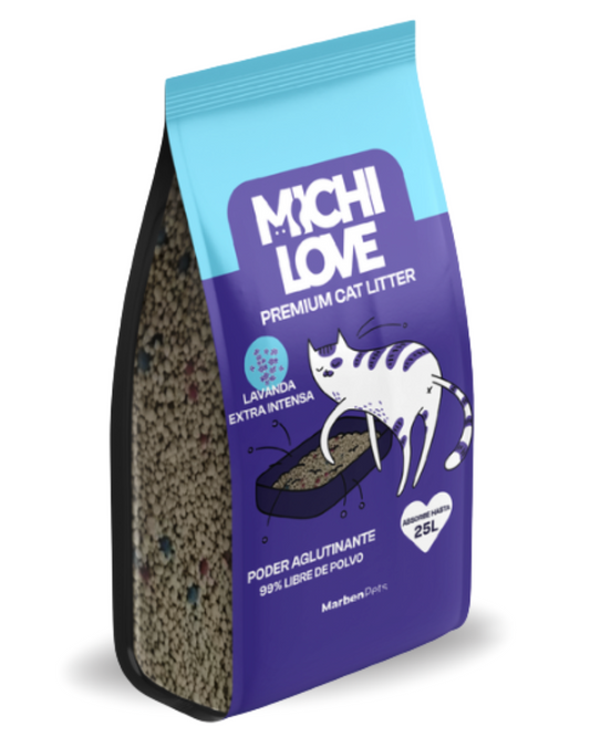 Arena para gatos Michi Love de Mundotito en envase de 20 kg, con textura suave y color claro, ideal para la higiene felina.