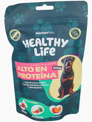 Galletas para perros alto en proteínas de la marca Mundotito, paquete de 200 gramos, con perros disfrutando de la recompensa.